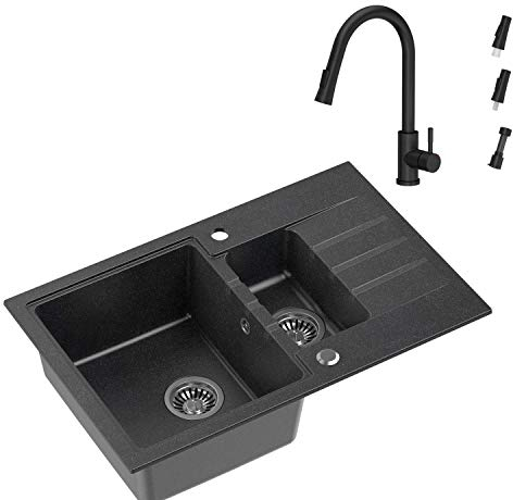 VBChome Spüle mit Armatur 78 x 50 cm Schwarz Tiefes Becken 20cm 1,5 Becken Küche Große Abtropfflache Einbauspüle ab 55 cm Gesprenkelt Verbundspüle Küchenspüle + Siphon Ausziehbarer Wasserhahn