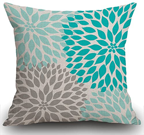 Smooffly Funda de cojín, color verde azulado, blanco, turquesa, azul, gris, dalia, mod, funda de almohada cuadrada de 18x18 pulgadas, funda de almohada de 45x45 cm
