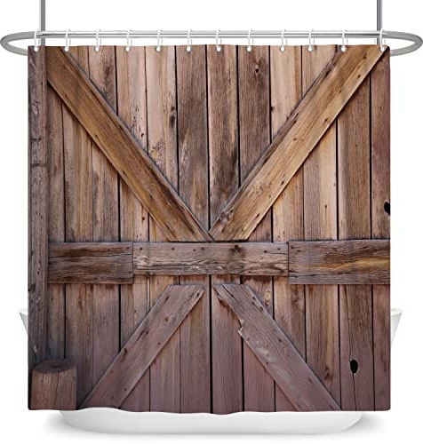 SDOTPMT 90x183cm De Madera Piso Cortina de Ducha Rústico Marrón Madera Dura Antiguo Junta Tablón Cortina de baño Rural Cortijo Granero Puerta Cortina bañera para Baño Poliéster con Ganchos