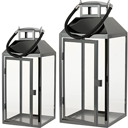 Laterne Gartenlaterne 2 Set Metall Windlicht Laternen Deko Kerzenhalter Kerzenleuchter Kerzenständerr für Innen Außen Outdoor Indoor Wohnzimmer Garten Balkon Gartenbeleuchtung, Schwarz