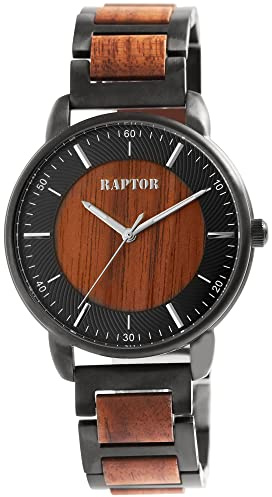 Raptor Lias Herren-Uhr Edelstahl Holz Butterflyschließe Analog Quarz RA20368 (Walnussholz schwarz)