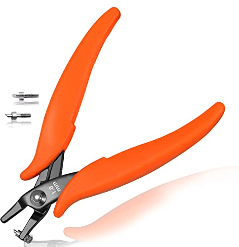 LEONTOOL Alicates perforadores de metal de 5.5 pulgadas, dos pines de repuesto para hacer joyas para crear agujeros limpios de 1.8 mm, herramienta de joyería con asas de PVC para trabajo artesanal