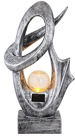 GLOBO Außenlampe modern Solarleuchte Garten Terrassenlampe silber, LED Gartendeko Feuereffekt Crackle Glaskugel, 1x LED 3000K warmweiß, LxBxH 25,5x11x45 cm