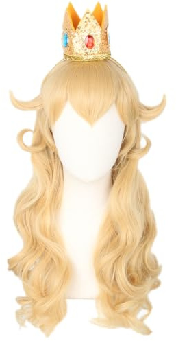Topcosplay Prinzessin Pfirsich Perücke mit Krone Peach Prinzessin Perücke Lange Frauen Mädchen Blond Perücke für Cosplay Halloween (Mädchen)