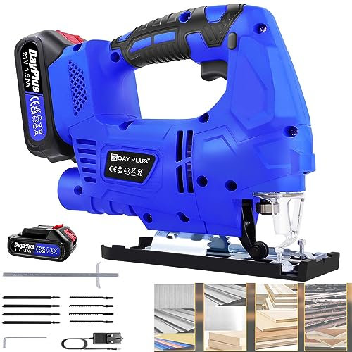 Cordless Jigsaw Electric Jigsaw Tool Compact Jigsaw 2000W 3000 SPM Jig Saw with 1.5AH Battery & Fast Charger, with Saw Blades & Scale Ruler, ±45° Bevel Cutting Angle Jigsaw for Wood Metal PVC