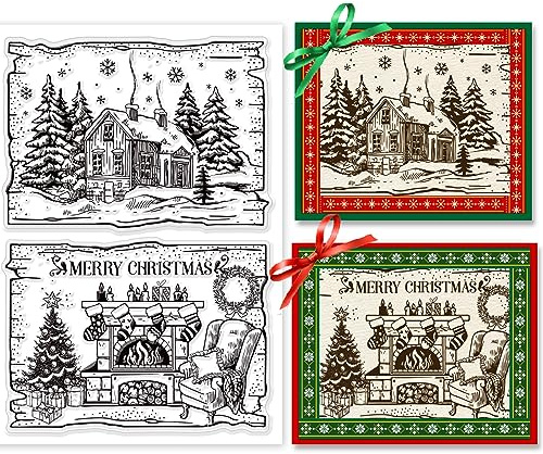 BEUNITONE Weihnachtshaus-Silikon-Stempel - Winterwaldhaus Transparenter Gummistempel für Weihnachtshintergrund, Frohe Weihnachten und Weihnachtsbaum - Für Kartenherstellung