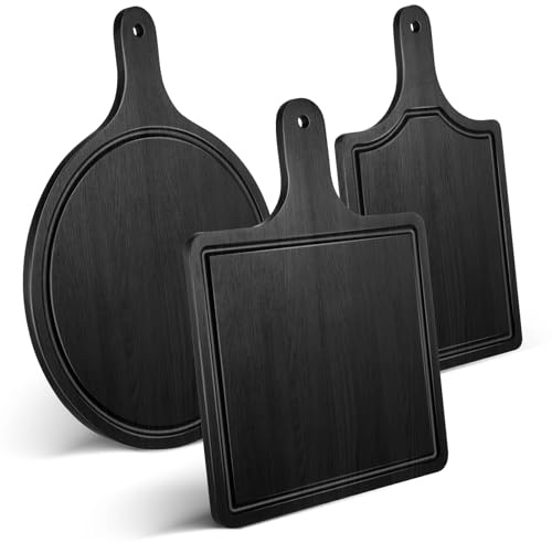 Geetery 3 Packs Black Wood Chopping Boards with Handle and Groove,12 Inch | Bamboo Wood Chopping Board with Handle and Deep Juice Groove for Pizza Paddle Serving Boards Tray Charcuterie Plank Chopping