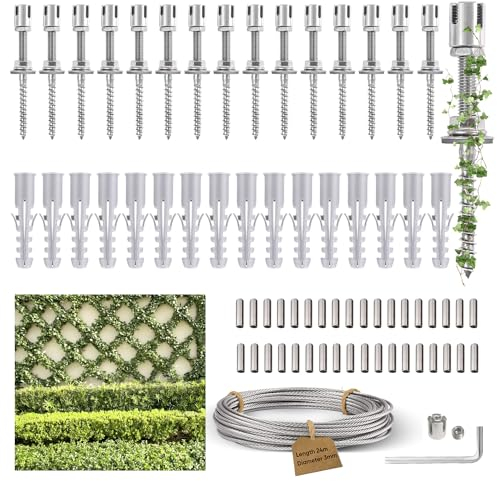 Krovtoy Rankhilfe aus Edelstahl für Kletterpflanzen, Profi-System als Komplettset mit Wandhaltern und 3mm Stahlseil (16Halter, 24m Seil)