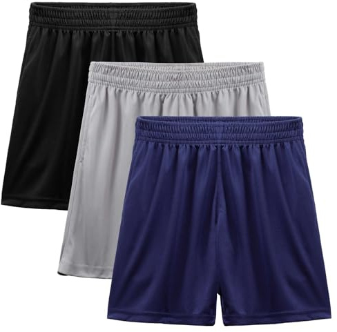 KDVOG 3-Pack Boy's Athletic Shorts with Pockets -Elastic Waistband Basketball Shorts Quick Dry Youth Sports Soccer Shorts Activewear (Ages 12-13)