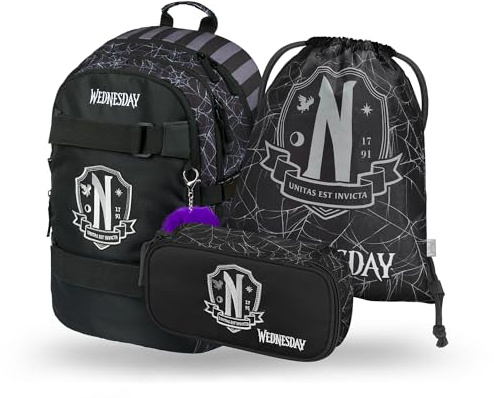 Baagl Schulrucksack Set Mädchen 3 Teilig, Schultasche ab 3. Klasse, Grundschule Ranzen mit Brustgurt, Ergonomischer Schulranzen (Wednesday Nevermore)