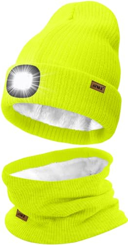ATNKE LED Mütze mit Licht und Schal Set, Wiederaufladbare USB 4 LED Beleuchtete Laufmütze Winter Warme Gefütterte Fleece Halsschlauch und Stricken Mütze für Herren und Damen Geschenke