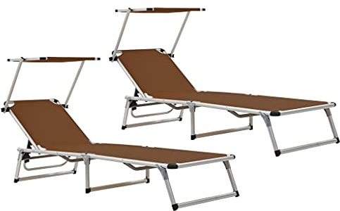 HEFZGDB Klappbare Sonnenliegen mit Dach 2 STK. Alu Textilene Braun Feldbett Gartenliege Strandkorb Geeignet für Pool, Terrasse, Garten.
