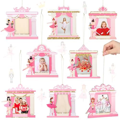 Namalu 8 portarretratos mini de ballet, cascanueces de madera, adornos de marco de Navidad, adornos de Navidad, bailarina rosa, marcos de fotos colgantes para regalos de vacaciones y decoración de
