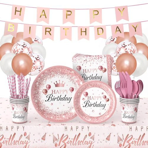 Rose Gold Birthday Party Plates Set 212Pcs Pink Birthday Disposable Dinnerware Pink Girls Birthdays Party Plates Napkins Set with Birthdays Banners Cups Forks knives Spoons Tablecloth Balloon Serve 24