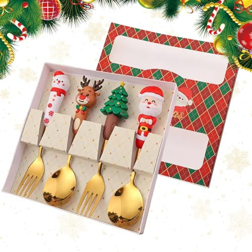 WEILAOK Couvert de Noel, Couvert de Table, Cuillere Noel, Fourchette Noel, Cuillere Fourchettes avec Emballage Cadeau de Noël, 4 Pièces, Or