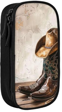 LRHCNZDCP Federmäppchen mit Cowboyhut und Stiefeln, bedruckt, Schwarz, niedliches Federmäppchen, Stiftebox für Schule, Büro, Schwarz , Einheitsgröße, Schulranzen