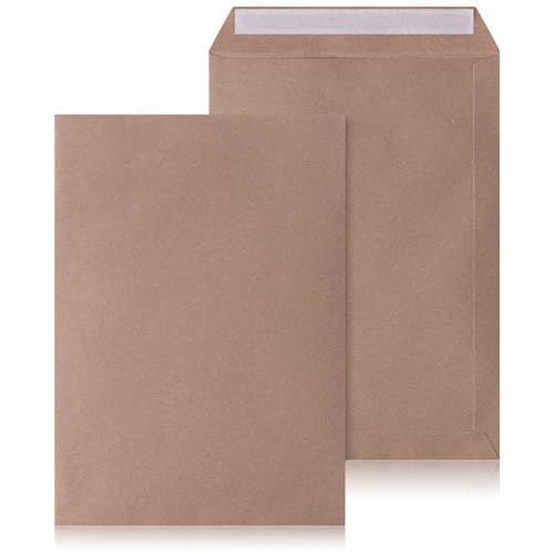 LOGIC PACK 50 Versandtaschen C4 Braun, haftklebend, robustes Kraftpapier | Starker Verschluss, mit Abziehstreifen, reißfest und blickdicht, extra stabiles Material, ideal für Dokumente & Briefe