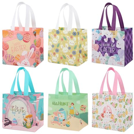 AUXHCYL 6 Pack Easter Gift Bags with Handles, Non-Woven Reusable Bunny & Carrot Design, Perfect for Easter Egg Hunt, Party Supplies, and Gift Wrapping