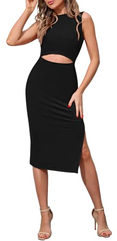 Pink Queen Damen Rundhals Kleid Ärmellos Ausschnitt Seitenschlitz Knielang Bodycon Schlank Midikleid Cut Out Schwarz M