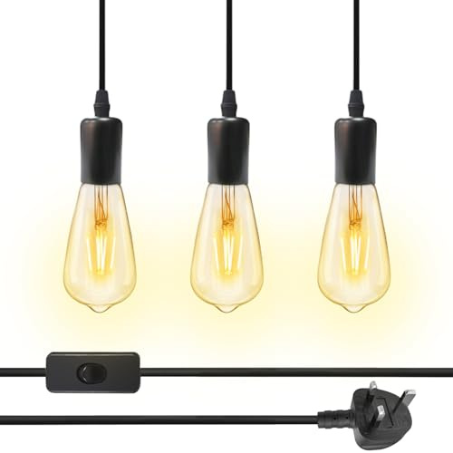 PRITOK 3 Lights Plug in Pendant Lighting: Plug in Ceiling Light Fixture with Switch and Plug, E27 Lamp Holder Suspended Pendant Light Fitting, Triple Ceiling Pendant Light for Garden, Living Room
