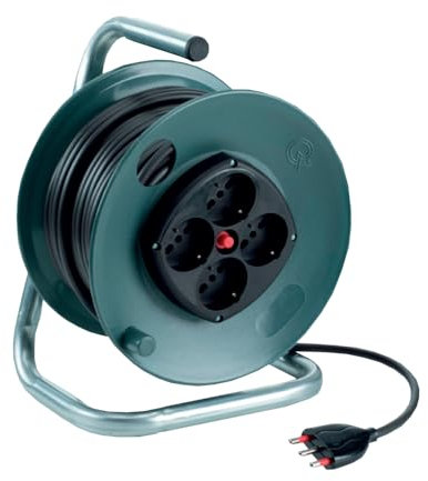 Avvolgicavo con spina 16A e 4 prese bipasso/schuko 10A/16A, 3500W, cavo 50 metri, grigio, serie Ecologica - Rosi CR14504RK