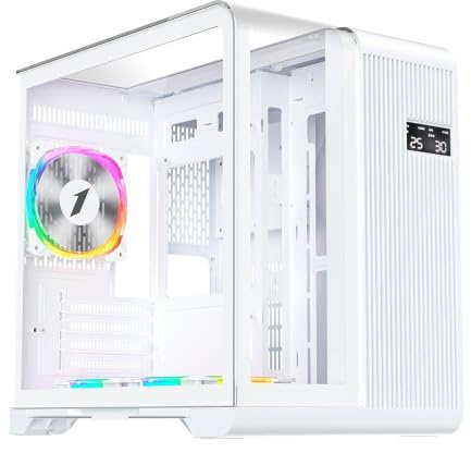 1st Player RT5 Micro ATX White PC Gaming Case - Dual Chamber, LED Screen and Curved Panoramic Tempered Glass (RT5 White No Fans)
