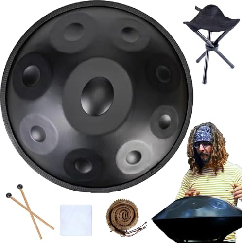 WQOTHHZR 22'' D-Moll-Handpan-Trommeln, 9/10/12-Noten-Stahltrommel-Schlaginstrument, 432 Hz/440 Hz-Handpans mit weicher Handpan-Tasche, Schlägeln, Handpan-Ständer, für professionelle Auftritte
