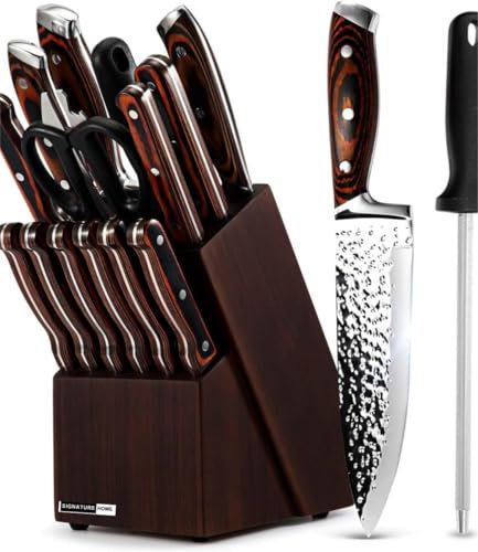 Segenn Ensemble de couteaux - avec bloc à couteaux - 15 pièces - Couteaux japonais avec aiguiseur de couteaux et ciseaux - Couteau de chef professionnel - Couteau de chef en acier inoxydable - Marron