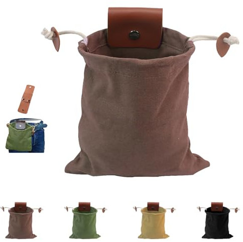 Derivemid Foraging Bag, Derivemid Belt Bag, Collapsible with Drawstring Handmade Cowhide Canvas Bags, for Travel Camping (Brown A)