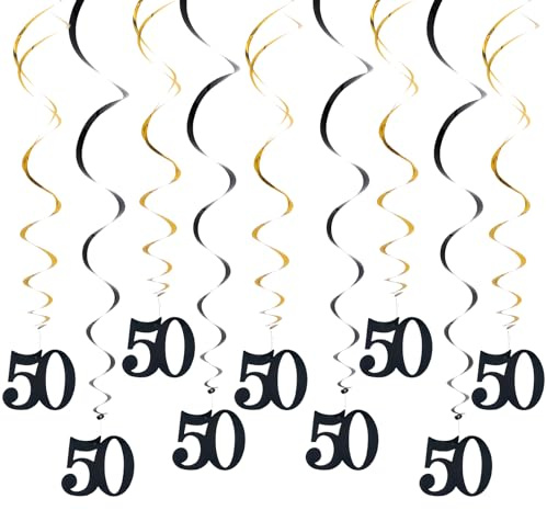 30 Stücke 50 Geburtstag Männer Deko Schwarz Gold Hängedeko Spiralen, Luftschlangen Geburtstag Deko für Männer und Frauen, Hängende Wirbel Partydeko zum Geburtstagsfeier oder 50. Jubiläum