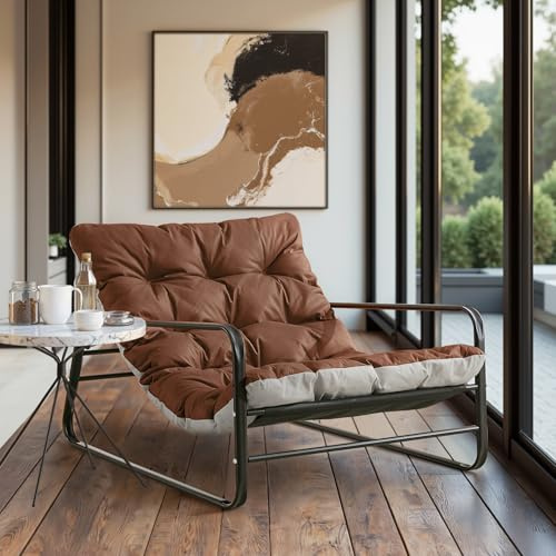 HomeMiYN Sessel Wohnzimmer Gartenliege mit Wendekissen Garten Liegestuhl Balkon möbel aus Stahl gepolsterter Stuhl für 2 Personen Gartensessel Outdoor Relaxliege Balkon Garten Terrasse (Braun+Grau)
