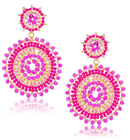 CharmBurst 1 Paar Boho Ohrringe Damen Hängend, Statement Ohrringe Sommer, Bunte Seed Beads, Pinke Modeschmuck, Strand Schmuck, Sommer Accessoires