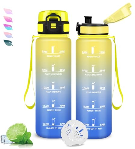 Grsta Trinkflasche, Trinkflasche 1l Kohlensäure Geeignet, Wasserflasche Auslaufsicher, Wasserflasche mit Zeitmarkierung und Uhrzeit, Leicht zu Reinigen, für Fitness, Schule, Büro, Fahhrad, Gym, Sport