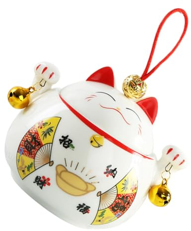 Sosoport Fortune Cat Ceramic Tea Jar Small Sealed Tea Container Multi-function Storage Canister for Wedding Candy and Household Kitchen Use