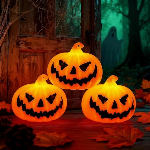 3 Stück Halloween Kürbis Laterne, Leuchtende LED-Laternen, Outdoor Deko, Deko