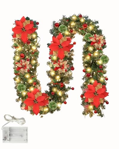 Onalix Ghirlanda Natalizia 2,7M con 50 LED, Rami di Pino Artificiale con Fiori, Bacche Rosse e Palline Decorative, Festone di Natale Luminoso per Porta, Camino, Scale, Interno, Esterno