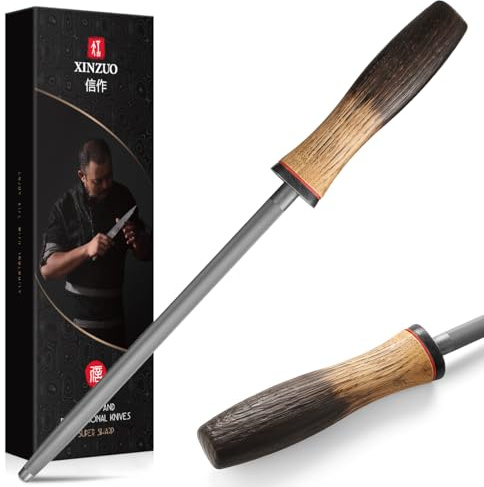 XINZUO Acciarino per Affilare 36,8cm Acciaio ad Alto Tenore di Carbonio con Rivestimento in Cromo Duro-Professionale Acciaini Affilatori Per Affilare vari Coltelli da Cucina -Manico in Rovere Bianco