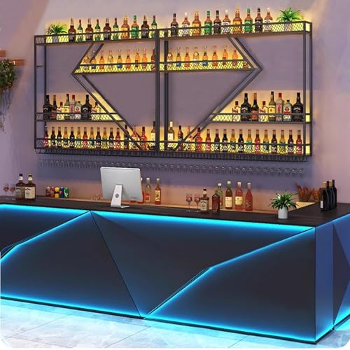 2M Wall Mounted Wine Rack with LED Lighting Glass Holder, Liquor Bottles Shelves Display Storage Organizer Hanging Long Stemware Goblet Metal for Home Mini Bar Cellar Black