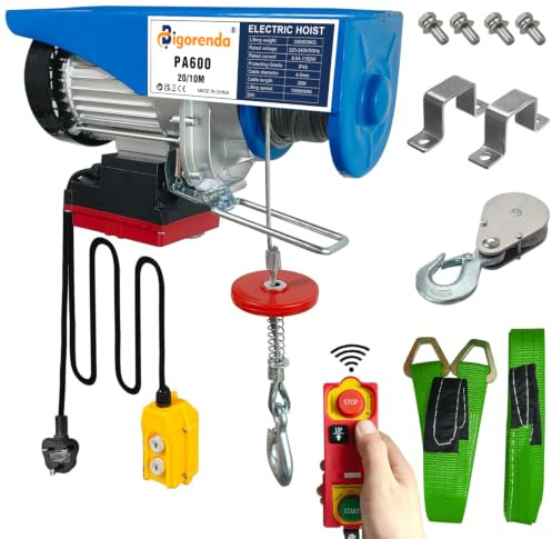 Bigorenda Electric Hoist Lift 600KG,Winches Electric Hoist 2in1 Wireless Remote Control/Wired Control,with Single/Double Sling,20M/10M Lifting Height,Emergency Stop Switch,for Garage Factory Warehouse