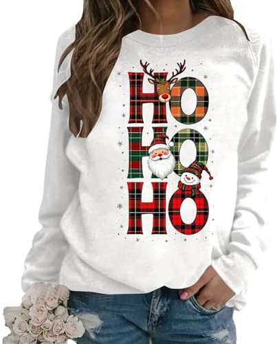 Generisch Sudadera para mujer con texto HoHoHo - Jersey con texto a cuadros, reno y muñeco de nieve | Camiseta de manga larga divertida y moderna para Navidad, M