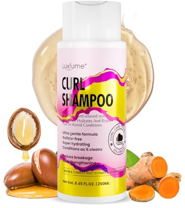 Luxfume Curl Shampoo - Hydrating, Repairing Formula for Natural & Relaxed Styles, Curly Hair Shampoo with Biotin, Turmeric & Jojoba Seed Oil to Help Reduce Breakage, 8.45 oz