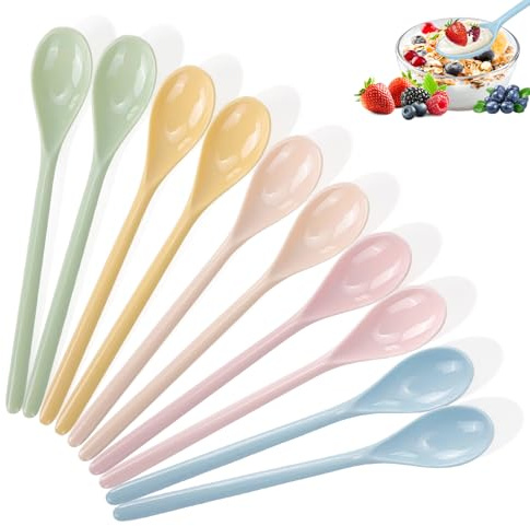 OT-NVWOZR 10PCS Long Handle Spoons, Colorful Plastic Spoons Reusable Long Teaspoons, Lovely Ice Cream Spoons Sundae Dessert Coffee Cocktail Stirring Spoons for Latte Glasses (10)