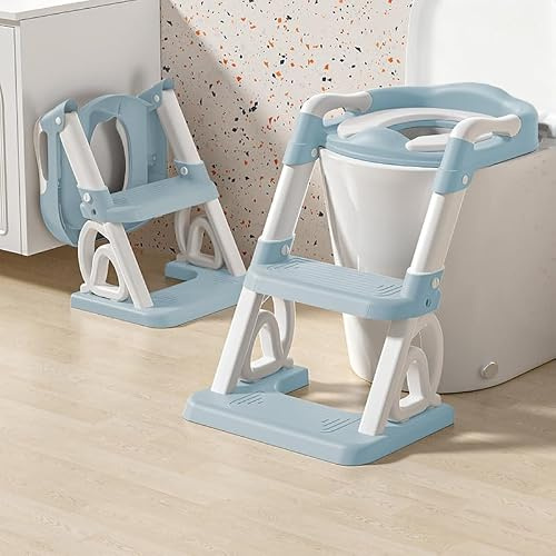 Toilettensitz Kinder mit Treppe, 2 in 1 Toilettentrainer mit Treppe, Höhenverstellbar Bequemer Sicherer Toilettensitze, Klappbarer Toilettenleiter für Kinder (Blau,2 in 1,30x28x49 cm)