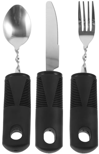 Cubiertos Adaptables para Personas Mayores 3 Piezas Acero Inoxidable Negro | Cuchillo, Antivibración y Agarre Cómodo, Mango Grande Plegable, Tenedor y Cuchara para Rehabilitación