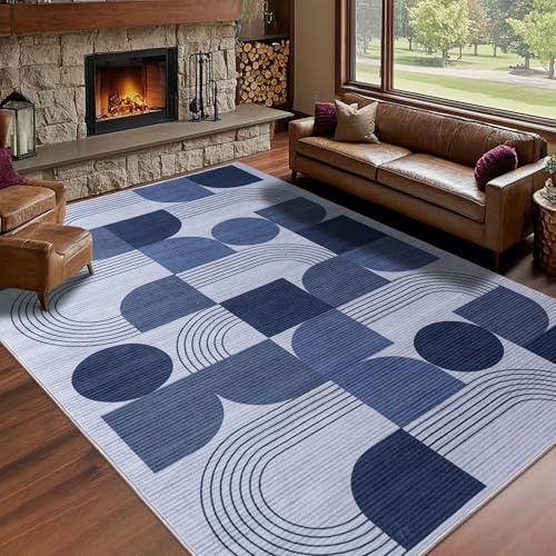 Calinline Abstraktem Waschbarer Teppich Wohnzimmer, 120x160 cm Blau