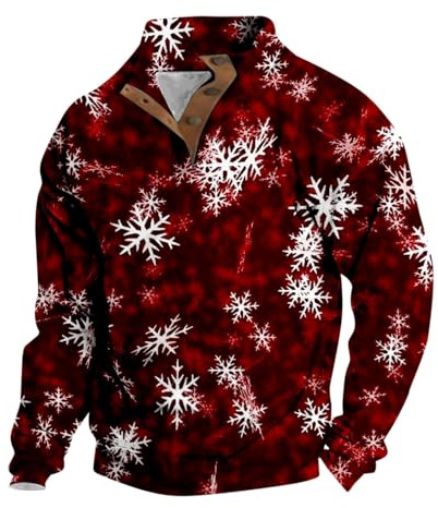 Herrtröjor jultröjor roliga snöflingor tryckta män jumper knapp upp krage polotröjor långärmad tröjor jul högtid tröja vinter herrkläder, B-vin, XL