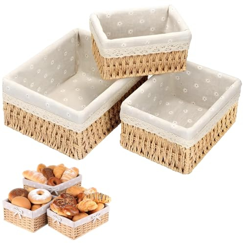 Persiiious Lot de 3 Corbeille à Pain Carrée en Jonc de Mer, 3 Tailles Corbeilles à Pain Décoratives, Panier Tressé avec Doublure en Lin, pour Pain, Pâtisseries et Articles Ménagers