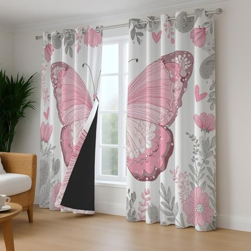 Grommet Curtain Rosa Weiß Illustration Verdunklungsvorhänge Cartoon Niedlich Schmetterling Blickschutz Mikrofaser Thermo vorhänge für Kinder Gardinen 2er Set H245 x B140 cm