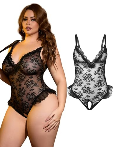 comeondear Lenceria Sexy Mujer Abierta Conjunto Lenceria de Encaje Abierto Body Lencero Escote en V Profundo Ropa Interior Sin Entrepierna Talla Grande Lingerie Feminina Sin Espalda Fiesta Negro,L
