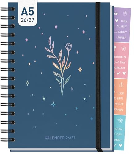 Häfft-Timer Fancy 2026 2027 - Schülerkalender A5 Night Flower | Aug 2026 – Sep 2027, Studienplaner mit Hardcover & Spiralbindung, Kalender für Oberstufe, Ausbildung, Studium